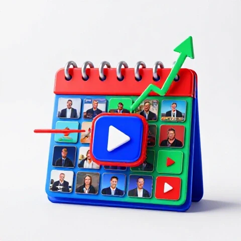 Vibrant calendar formed from colorful video thumbnails and play buttons, with arrows and energy lines showing growth on a bright background.