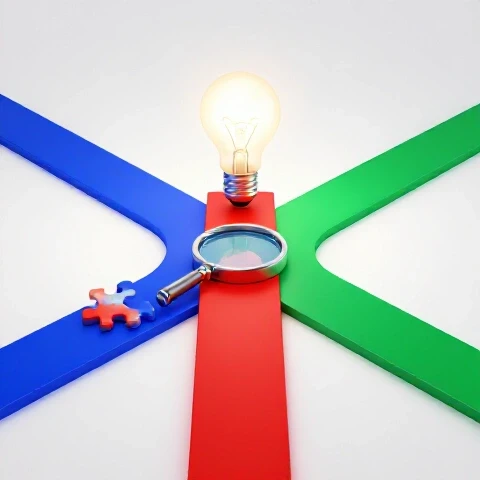 Three vibrant paths from a central point with a lightbulb, magnifying glass, and puzzle piece on a bright background.