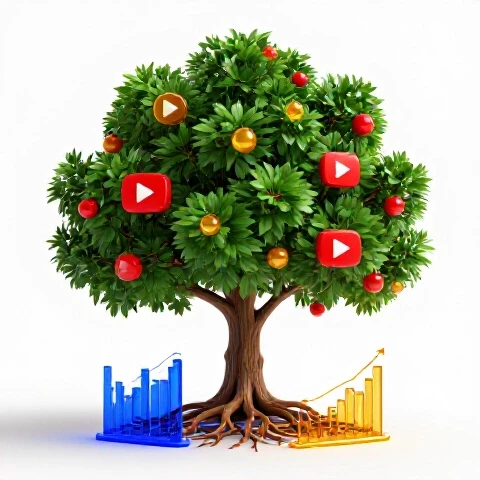 A vibrant tree with video play buttons as fruit, its roots entwined with glowing data charts and graphs.