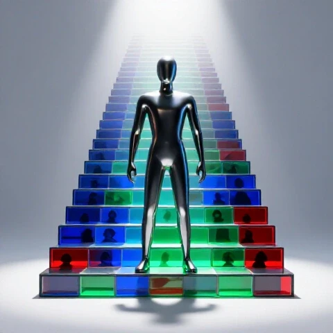 A stylized creator stands before a glowing staircase of video thumbnails, watched by shadowy figures below.