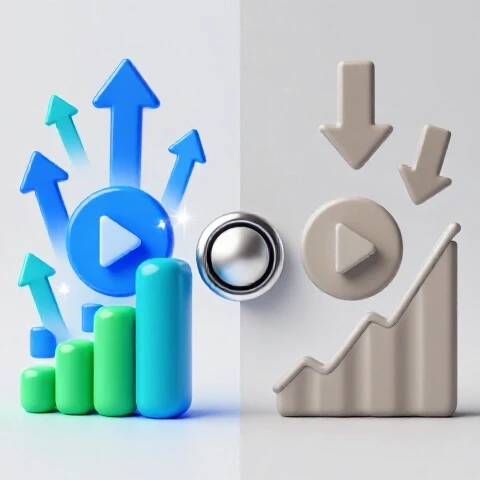 Split-screen of vibrant, energetic YouTube symbols on one side and dull, stagnant icons on the other, separated by a central chrome toggle.