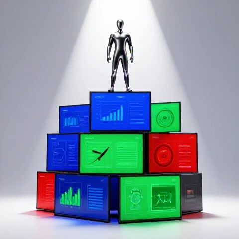 Stylized metallic figure stands on stacked video screens with diverse content styles in a brightly lit studio.