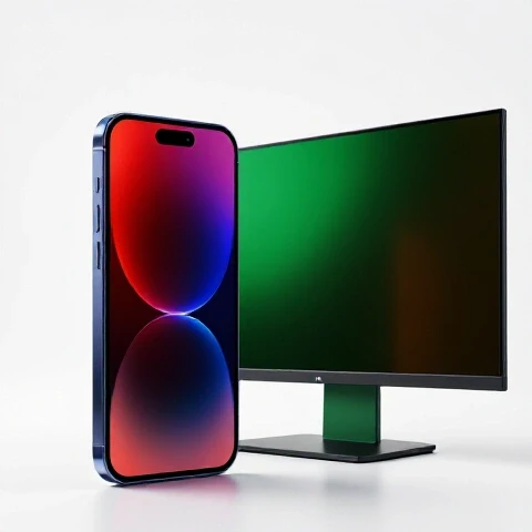 Vertical smartphone and widescreen monitor split diagonally with vibrant contrasting colors on bright background