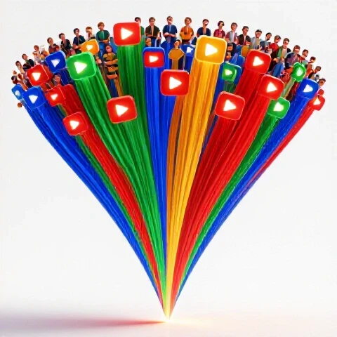 Colorful video play icons form a glowing funnel, channeling vibrant energy from viewers to a conversion point.