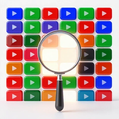 Magnifying glass reveals glowing gaps in a vibrant YouTube video grid on a bright white background.