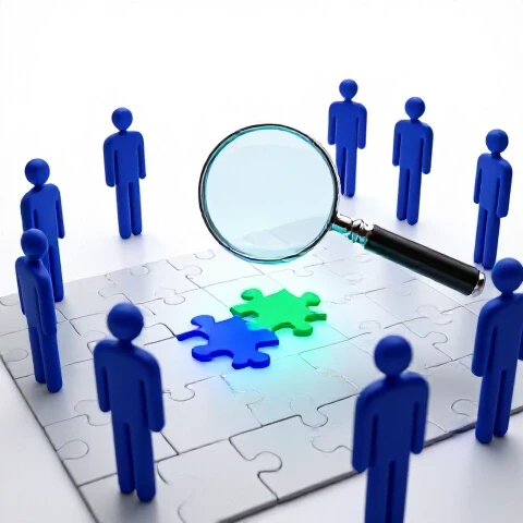Magnifying glass reveals a glowing blue puzzle piece among dull pieces as nearby figures overlook it on a bright background.