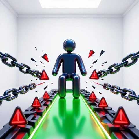 A metallic video creator icon breaks digital chains with red warning symbols, revealing a glowing pathway forward.