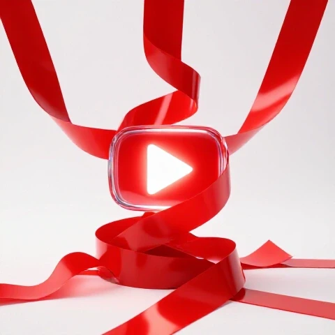 Tangled glossy red tape being unraveled to reveal a glowing play button on a bright white background.