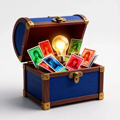 Open treasure chest overflowing with glowing video thumbnails and idea lightbulbs on a bright studio background
