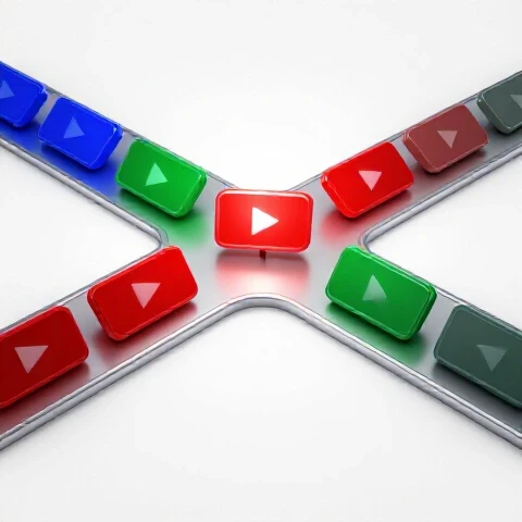 A dramatic crossroads with vibrant video thumbnails on one path and faded thumbnails on another, spotlighted in a bright white studio setting.