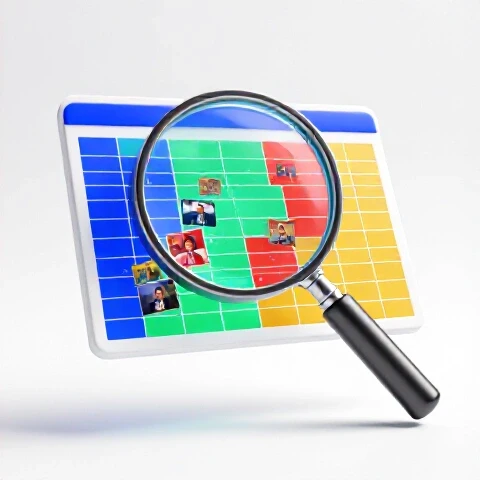 A magnifying glass hovers over a glowing, colorful spreadsheet with video thumbnails emerging from its cells.