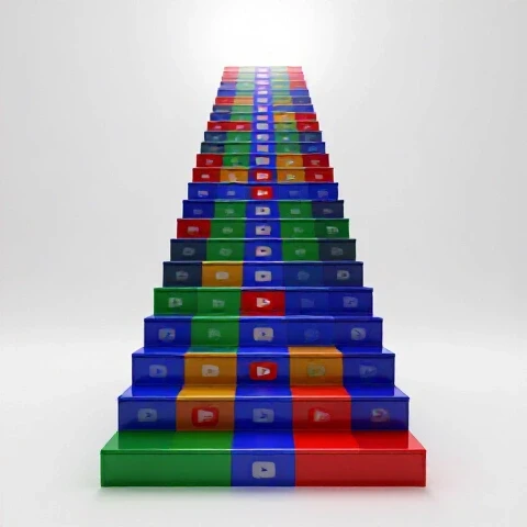 A staircase made of vivid YouTube video thumbnails ascends toward a glowing horizon, symbolizing channel growth.