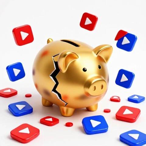A cracked golden piggy bank surrounded by colorful video play icons, highlighted on a bright background.