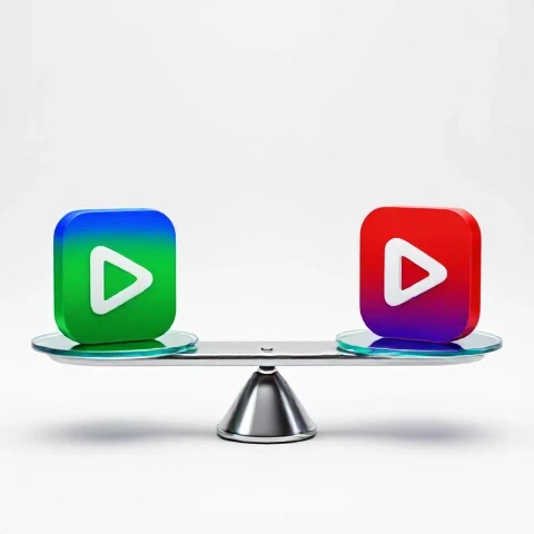 A balanced metallic scale holding colorful video icons for tutorials, vlogs, and reviews on a bright studio background.