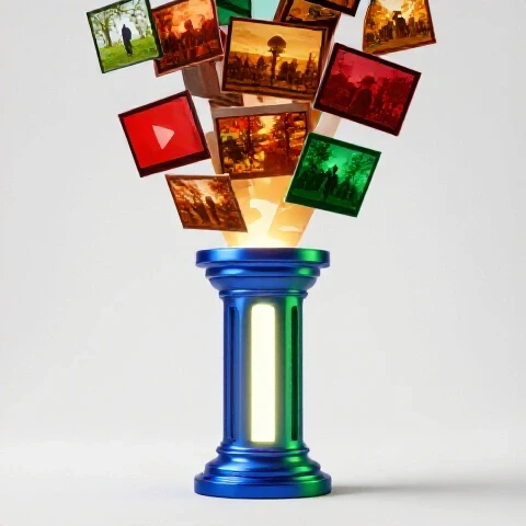 A glowing blue and green pillar supports vibrant video thumbnails, surrounded by seasons on a bright background.