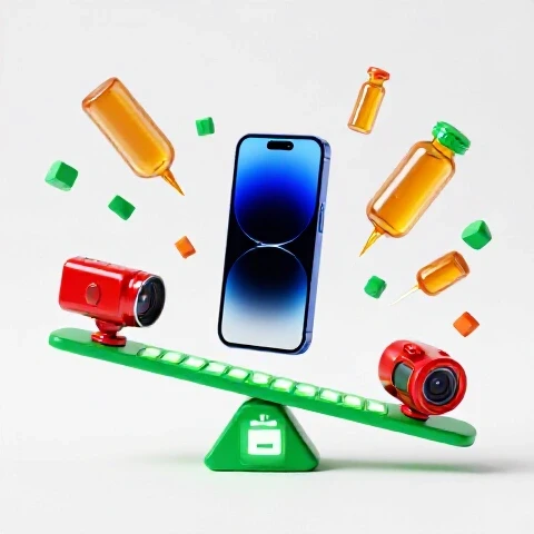 A vivid smartphone and video camera balanced on a glowing calendar amid colorful toys, highlighting organized content planning for parents.