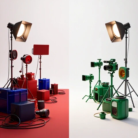 Split scene showing a chaotic video production space transforming into an organized, vibrant studio setup.