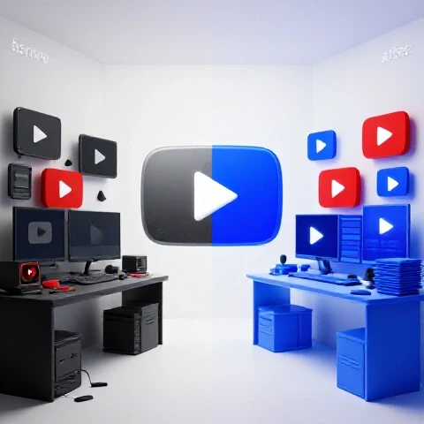 A workspace split between cluttered chaos and a bright, organized YouTube studio, centered play button transforming.