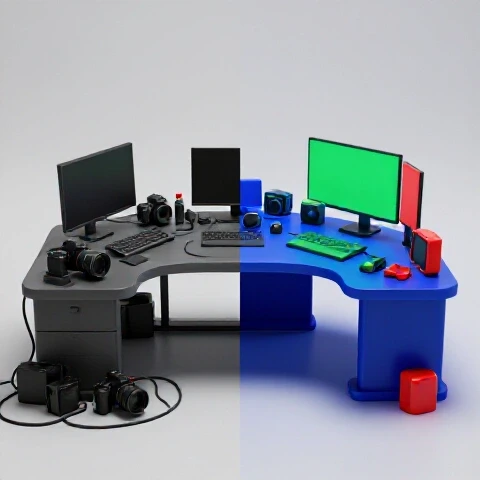 Split scene showing cluttered, dull workspace transforming into vibrant, organized video creator desk.