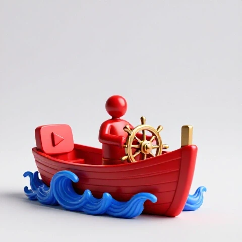 Sturdy abstract ship steering through swirling waves shaped like YouTube play buttons under bright lighting.