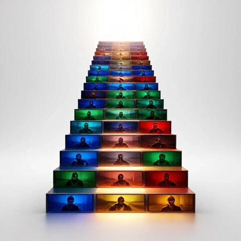 A vibrant staircase of colorful video thumbnails ascends into a glowing horizon on a luminous white background.