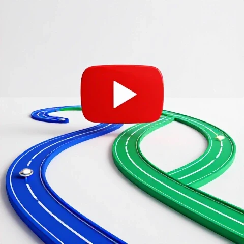 Two vibrant, contrasting paths with unique symbols lead toward an elevated YouTube play button on a bright background.