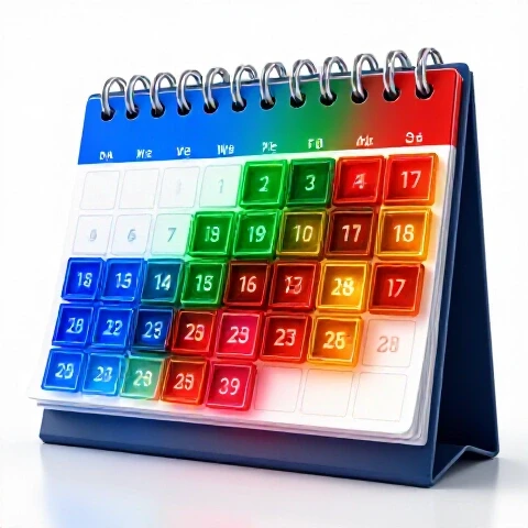A glossy desk calendar transforms into vibrant video thumbnails on a bright white background, radiating energy and color.