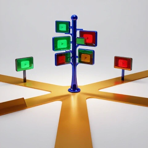 A central crossroads with a metallic signpost surrounded by glowing video thumbnails, one path shining brightly.