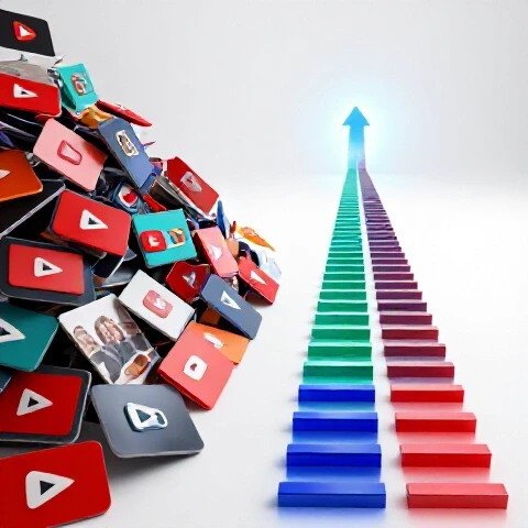 Split scene with video thumbnails chaos on one side, glowing data charts rising to a shining play button on the other.