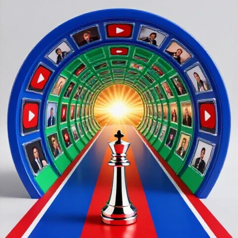 Bright studio-lit tunnel lined with vivid YouTube thumbnails leading to a glowing horizon, with an abstract metallic figure observing the path.