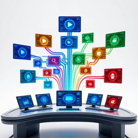 Futuristic control room desk with branching holographic video screens, vibrant arrows, and glowing pathways displaying strategic channel growth.