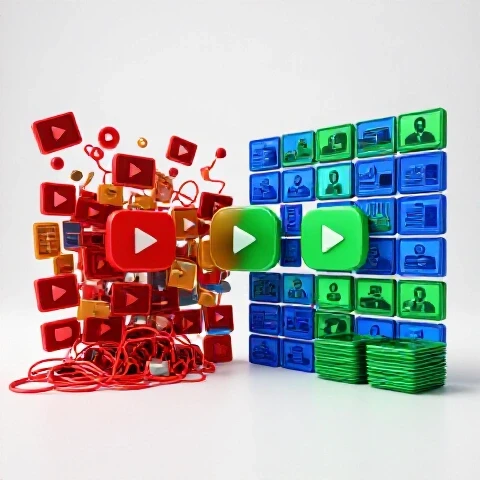 Split image showing a cluttered video workspace on one side and a tidy, organized setup on the other, highlighting YouTube strategy contrast.