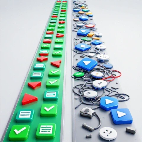 Split scene with one side showing a vibrant path of organized video icons, and the other side cluttered with broken play icons and scattered ideas on a bright, clean background.