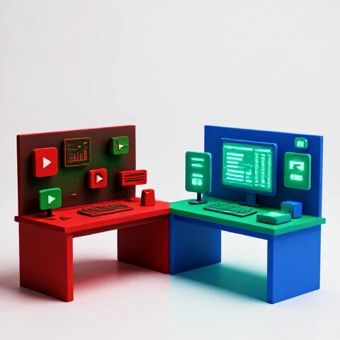 A divided workspace showing a chaotic, dark side transforming into a bright, organized studio with vibrant video tools.