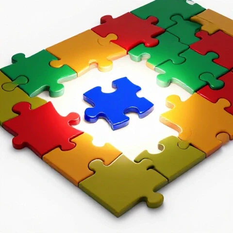 A spotlight shines on a blue puzzle piece fitting into a colorful scattered puzzle against a bright white background.