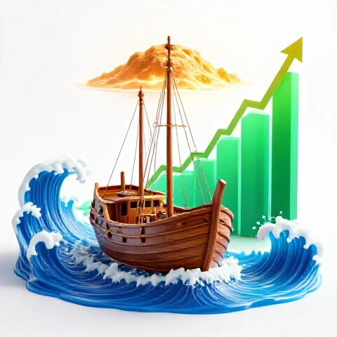 A classic wooden ship navigates vibrant, trend-shaped waves toward a glowing island, symbolizing resilient YouTube growth.