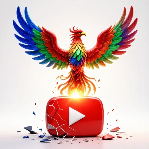 A shattered YouTube play button with a radiant phoenix made of colorful video thumbnails rising from the pieces on a bright background.