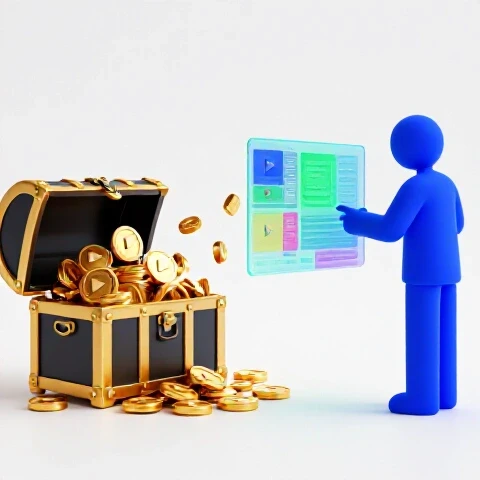 A treasure chest spilling golden play icons beside an abstract creator analyzing a vivid video feed interface.