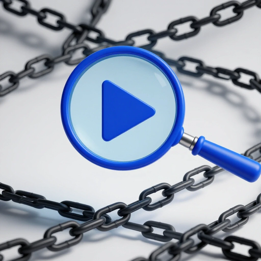 A magnifying glass over a digital video play button with chains in the background symbolizing copyright issues.