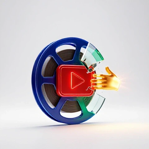 A luminous hand restores a shattered film reel and broken red video icon in a bright white studio setting.