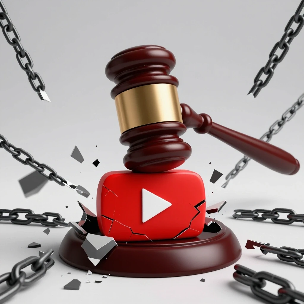 A gavel striking a cracked YouTube play button with shattered chains symbolizing copyright issues.
