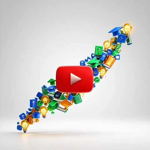 Vibrant 3D upward graph of educational icons like books and graduation caps emerging from a video play button.