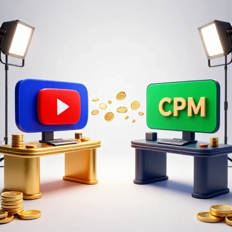 Luxurious gold-lit workspace and modest desk divided by flowing digital coins, symbolizing YouTube CPM differences by niche.