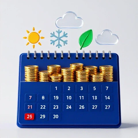 A wall calendar morphs into stacks of gold coins, surrounded by seasonal weather icons on a bright background.