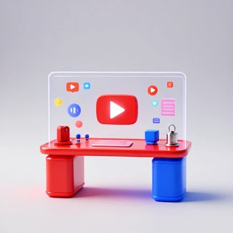 3D-rendered YouTube creator workspace encircled by a glowing barrier, separating vibrant tools from blurred distractions.