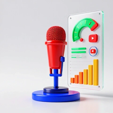 3D split-screen showing a vibrant creator symbol next to a futuristic control panel with bold YouTube analytics graphs.