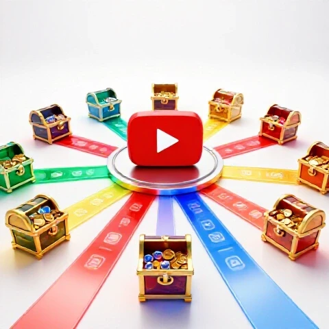 A vibrant YouTube play button at the center of a crossroads with glowing paths leading to colorful treasure chests, symbolizing diverse income opportunities.