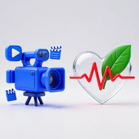 Split-screen with a vibrant blue camera and video icons on one side, heart and leaf wellness symbols on the other side.