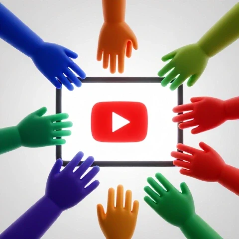 Vivid 3D hands in rich colors reach toward a glowing screen with a play button, symbolizing team collaboration.