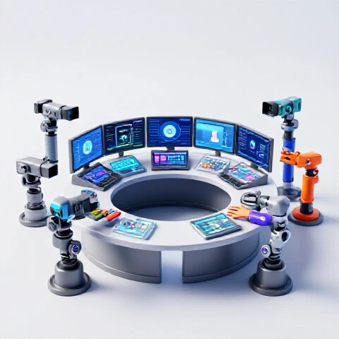 Futuristic control room with robotic cameras, vibrant video screens, and collaborative creators directing setups